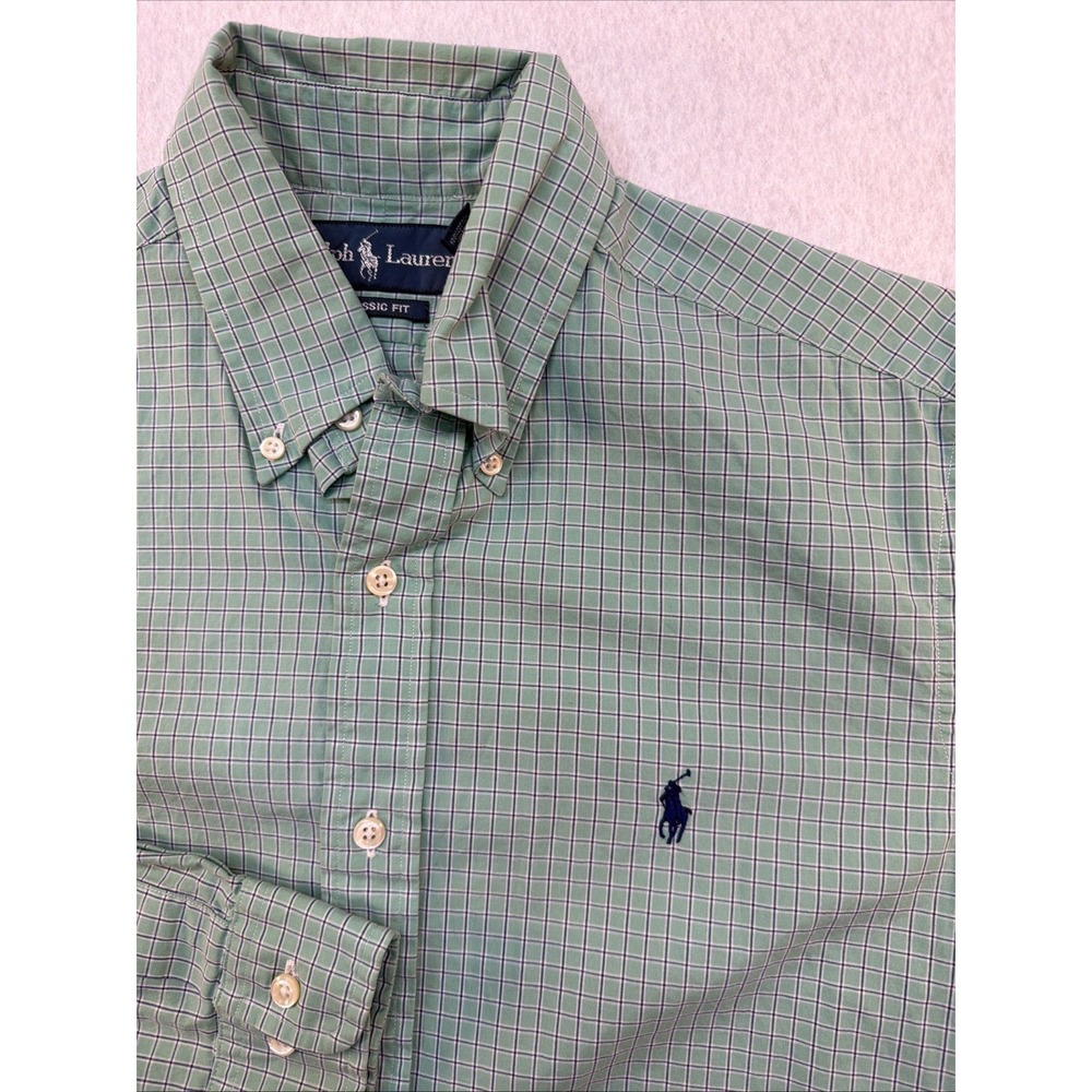 Polo Ralph Lauren Men Green Blue White Check Classic Fit LS Shirt Size 15 32/33